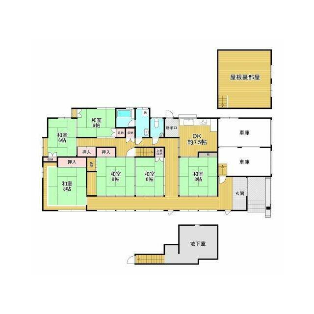 地下室・屋根裏部屋付の6DK。多目的スペースが豊富な間取り