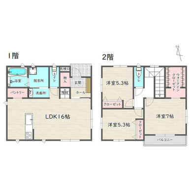 参考プランです（３ＬＤＫ、１階４４．７１㎡、２階４４．７１㎡、延床面積８９．４２㎡）