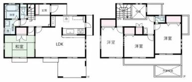 １階は対面キッチンと和室、２階は３室とバルコニー、洗面台トイレがあります！