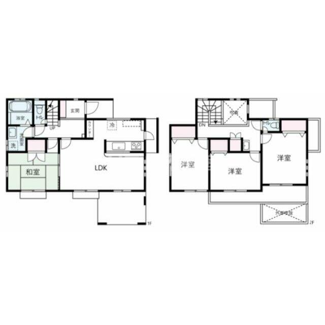 １階は対面キッチンと和室、２階は３室とバルコニー、洗面台トイレがあります！