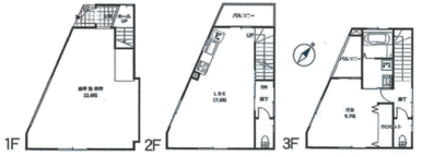 １Ｆ２２．６帖　２Ｆ１７．６帖　３Ｆ９．７帖