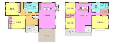 １階が２ＬＤＫ、２階が３ＳＬＤＫの二世帯仕様の間取りです。