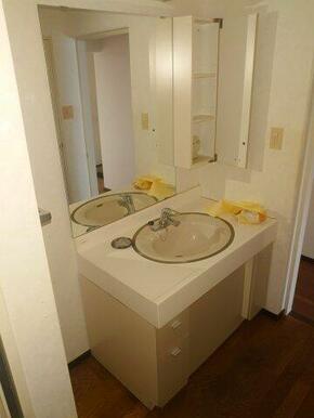 大きな鏡と収納棚のある洗面所