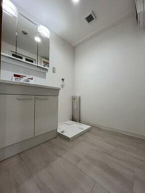 「脱衣室」洗面台は新品交換　鏡面裏が収納棚になっています