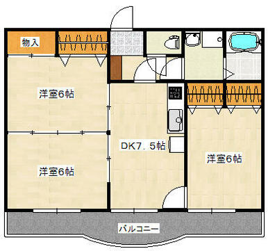 ６帖の洋室が３部屋と７．５帖のダイニングルームといった３ＤＫの間取りです。