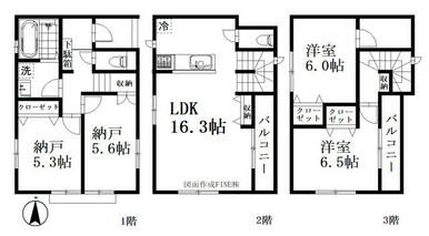 １階洋室シャッター完備２階ＬＤＫ１６．３帖　３階洋室６帖～全居室収納　２．３階南東バルコニー完備