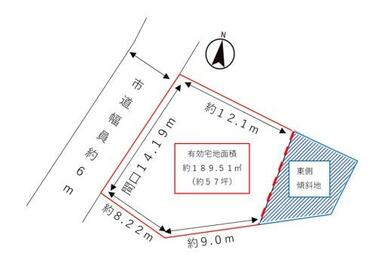 有効宅地面積（概算）：約１８９．５１㎡（約５７坪）、東側の一部傾斜有