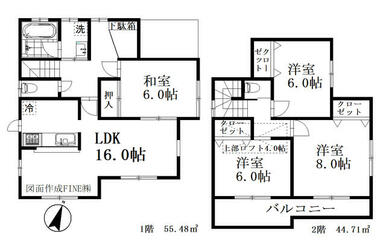 １階ＬＤＫ１６帖隣接和室６帖　２階洋室６帖～ロフト４帖完備　全居室収納　全室２面採光　陽当たり良好