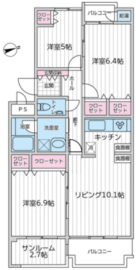 専有面積７７．５５㎡の３ＬＤＫ。各洋室も広くご家族でゆったりお住まい頂けます。