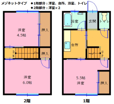 メゾネットタイプ、間取：３Ｋ（洋室５．５帖、洋室６．０帖、洋室４．５帖）