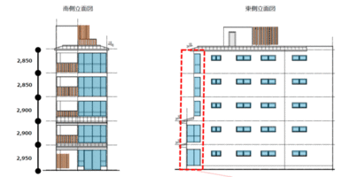 立面図。側面もガラス面にしたため視認性が確保されております。