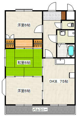 ６帖の和室と６帖の洋室が２部屋と８．７５帖のダイニングキッチンといった３ＤＫの間取りです。