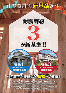 耐震等級３の地震に強い家！ 大地震時の被害軽減は耐震等級３が有効です。 建築基準法で定められた基準の1.5倍の耐震性能を持っています！