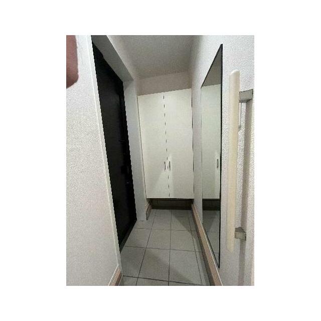 大き目の下駄箱と出かけるのに姿をチェックできる姿見付きです。