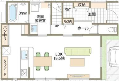 １階間取り図。玄関、洗面・脱衣室とも広くゆったりした間取りです。キッチンと洗面が近く家事動線も良好。