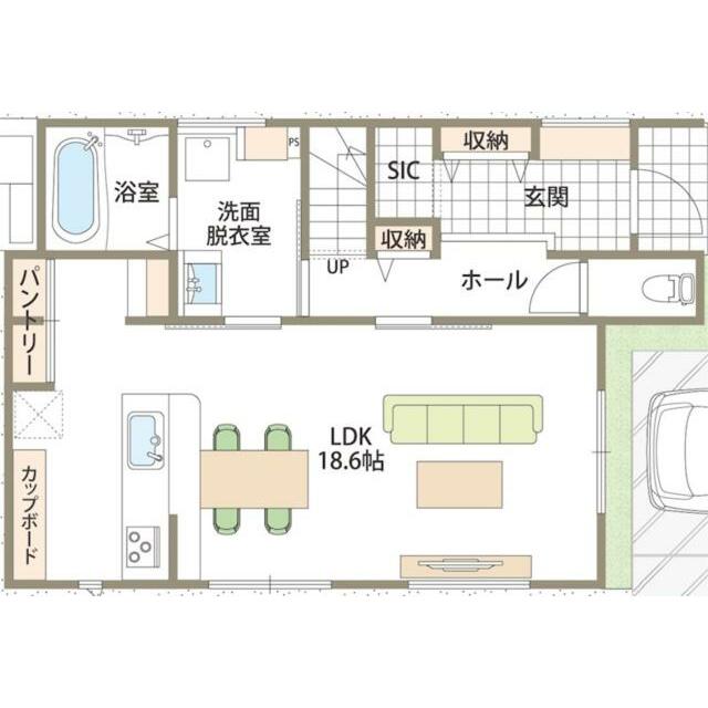 １階間取り図。玄関、洗面・脱衣室とも広くゆったりした間取りです。キッチンと洗面が近く家事動線も良好。