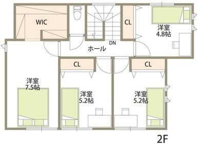 ２階間取り図。洋室４室です。７．５帖の洋室は、３帖のＷＩＣ付きです。各洋室にクローゼット付きです。