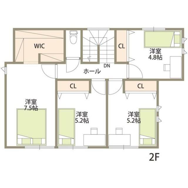 ２階間取り図。洋室４室です。７．５帖の洋室は、３帖のＷＩＣ付きです。各洋室にクローゼット付きです。