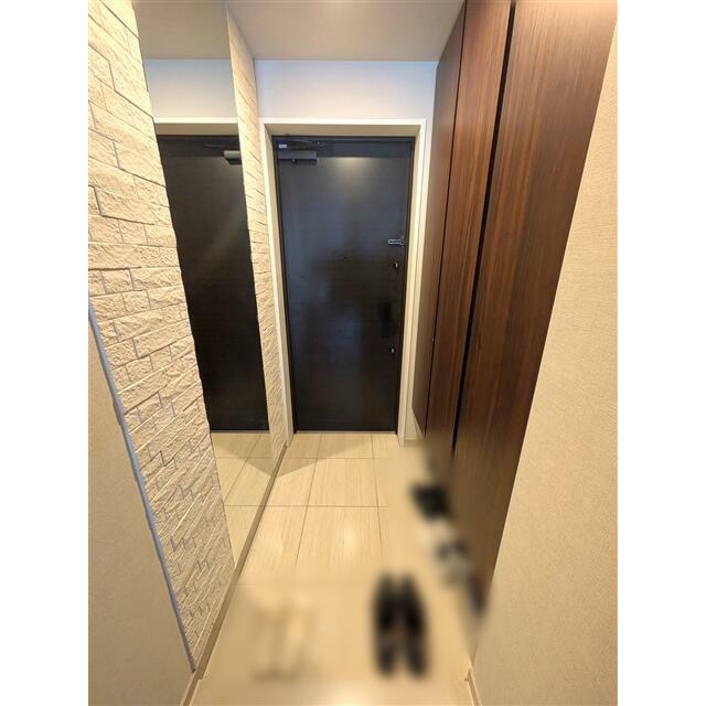 大きな姿見とシューズボックスを備えた玄関です。
