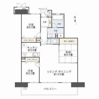 3LDK　南側に2室が面する広い間口が特徴です。