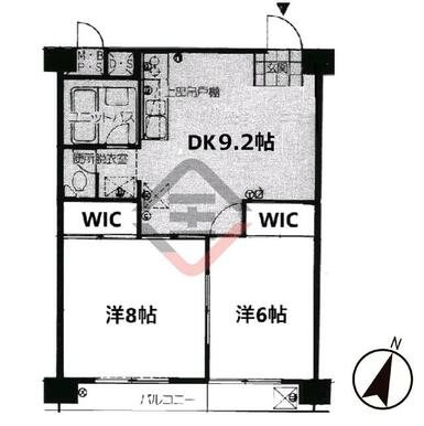 広めの２ＤＫタイプ（５１．６㎡）、バル南向きです。