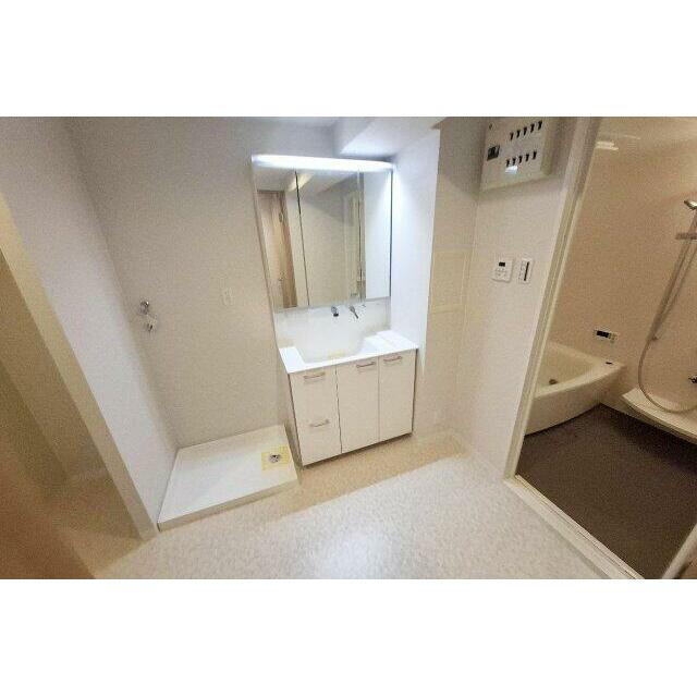 ゆったりスペースの洗面所。壁や床、入口建具も新調し、きれいになりました。