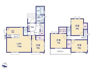 ＬＤＫ１６帖の４ＬＤＫ間取り！１階に洋室１室を設け、主寝室にはウォークインクローゼットが付いてます♪