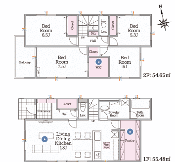 １号棟　　　５２９０万円　　２階に４部屋の間取り