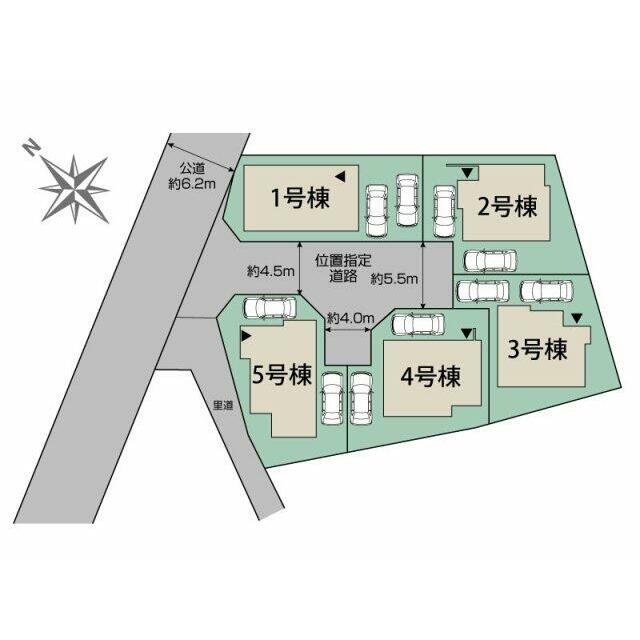 棟の位置関係と接道方向が分かる区画図です