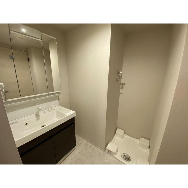 ３面鏡のシャワー付洗面化粧台。ミラー裏にたっぷり収納スペースあります！