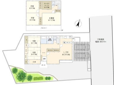 区画図です。西側には建物がなくお庭スペースとして利用できます。