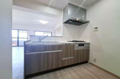 シックな扉色のシステムキッチンを新調。食後の片付けもラクラクなうれしい食洗機付きです。