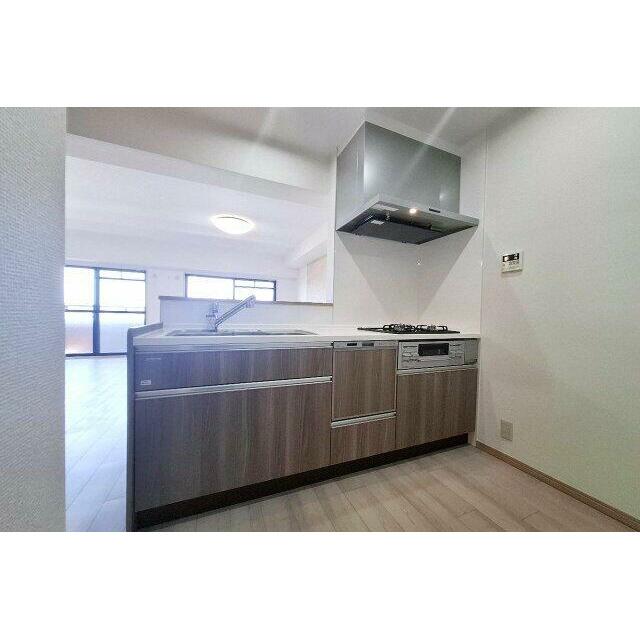 シックな扉色のシステムキッチンを新調。食後の片付けもラクラクなうれしい食洗機付きです。