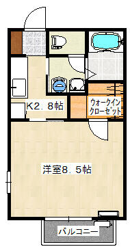 ８．５帖の洋室と２．８帖のキッチンといった１Ｋの間取りです。