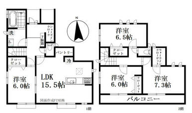 １階ＬＤＫ１５．５帖隣接６帖シャッター完備　２階洋室６帖～南向きワイドバルコニー完備で陽当たり良好