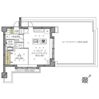 １ＬＤＫ、専有面積３９．９０㎡（公簿）、ルーフバルコニー約４７．３０㎡