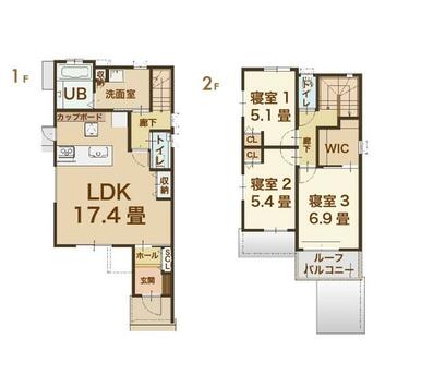 リビング１７．４帖。熱効率を考慮した、３～４人家族にちょうどいい間取りです。