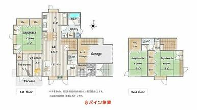 ビルトイン車庫つき、上下階トイレと洗面台つき。