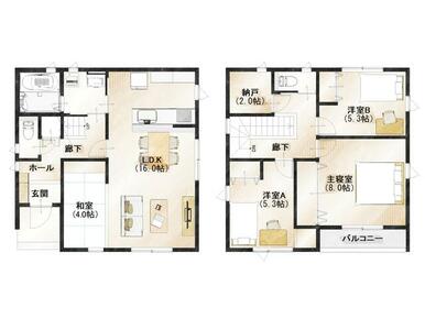 ４ＬＤＫ＋納戸（１階４９．６８㎡　２階４９．６８㎡）