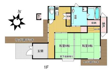 １Ｆ広々和室２間で１４畳！たっぷり収納！洋室へリフォームも良さそうです。水回りに配慮した設計です。