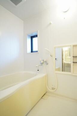 換気窓のある明るい、シャワー、鏡付ツールパネル付のバスルームです。