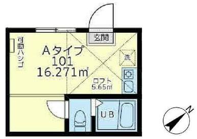 １０１　洋室＋ロフト５．６５㎡・ロフト高１．４ｍ