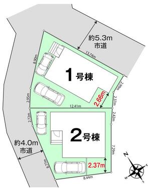 １．２号棟全体区画図面　駐車スペース2台付き