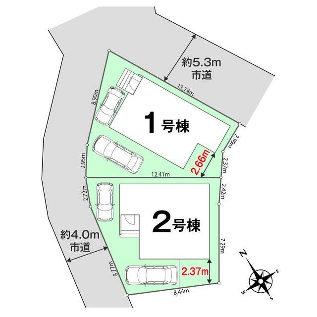 １．２号棟全体区画図面　駐車スペース2台付き