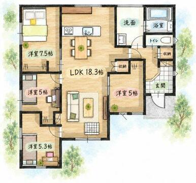 18帖の広々リビングに洋室が4部屋ある新間取りです♪広い玄関がポイント♪
