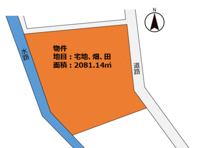 おおよその地形図になります。約６２９坪のまとまった土地と、徒歩圏内で離れた場所に約３０２坪の田あり。