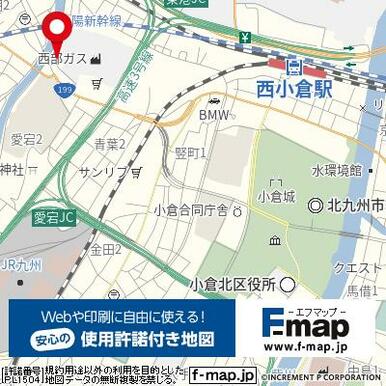 リバーウォークまで徒歩１６分。北九州市役所へ車で４分（１．４３㎞）でオフィス利用もできます。