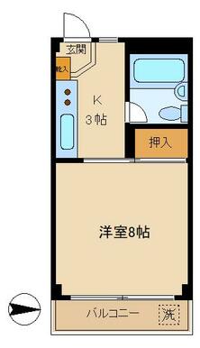 東向き角部屋。１Ｋタイプの間取り。