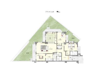 ４ＬＤＫ、専有面積１５７．５９㎡、バルコニー面積２７．４７㎡、専用庭面積１０５．８０㎡