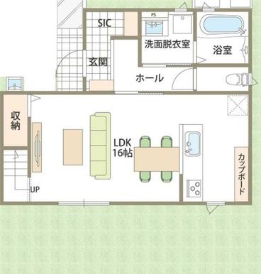 １階間取り図です。階段下収納やシューズクロークなど、収納も豊富です。